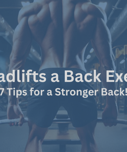 Person performing deadlifts in the gym, showcasing strong back muscles. The barbell with plates is visible, highlighting proper form for deadlifts as a back exercise, with gym equipment in the background