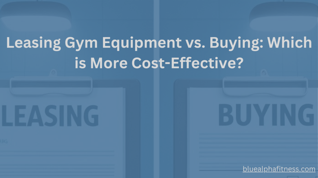 A split-screen image comparing leasing and buying gym equipment. One side shows a person signing a leasing contract with gym equipment in the background, while the other side shows a gym owner purchasing brand-new equipment with price tags visible. The scene should convey a clean, professional gym environment, emphasizing the cost-effectiveness of each option.