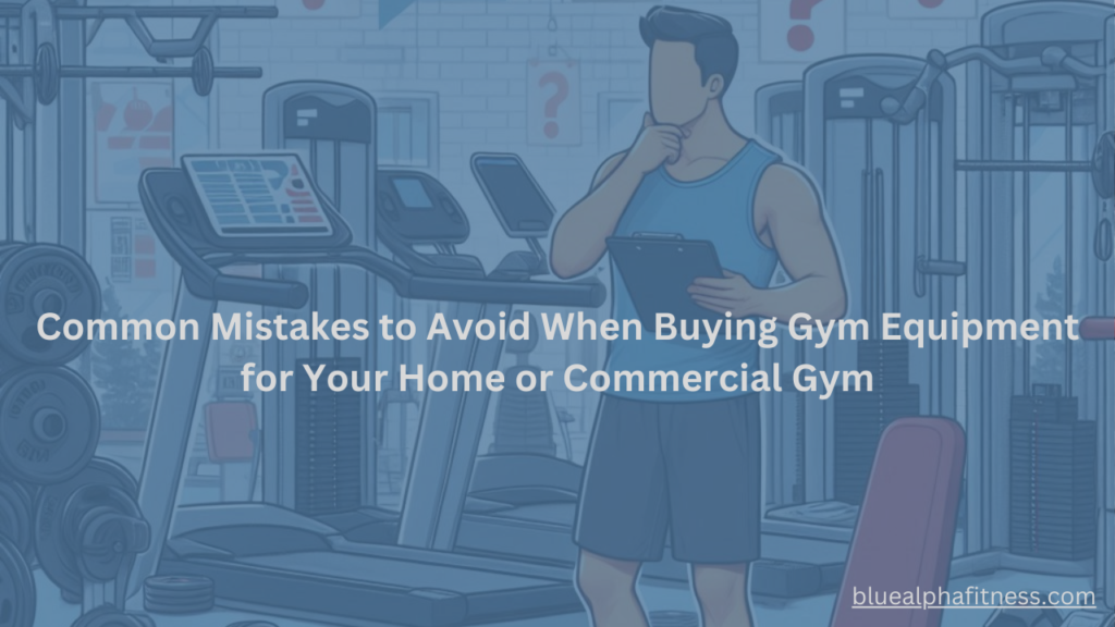 Person in a gym store, comparing gym equipment like dumbbells and treadmills, looking uncertain while holding a clipboard, reflecting common mistakes to avoid when purchasing equipment for home or commercial gyms.