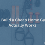 Affordable home gym essentials including resistance bands, two dumbbells, a skipping rope, and a pair of sports shoes, perfect for building a budget-friendly workout setup.