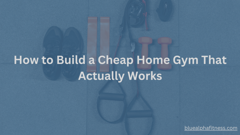 Affordable home gym essentials including resistance bands, two dumbbells, a skipping rope, and a pair of sports shoes, perfect for building a budget-friendly workout setup.