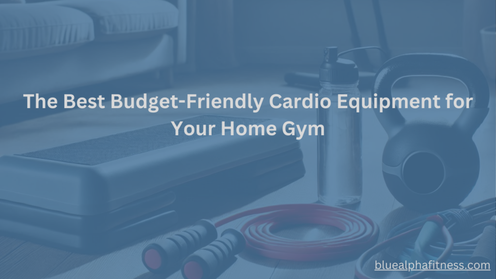 A tidy and organized fitness space with resistance bands, an aerobic stepper, a skipping rope, and a kettlebell—affordable options for building a cheap home gym.