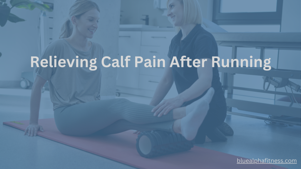 A person on a yoga mat using a foam roller with the help of an instructor to relieve calf pain after running.