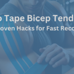 Fitness enthusiast taping bicep tendonitis with blue kinesiology tape from shoulder to bicep in a gym, ensuring proper support and pain relief.