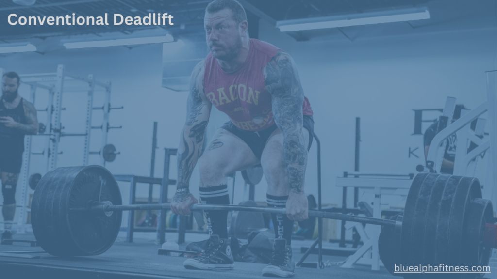 Person performing Conventional Deadlift with perfect form, feet hip-width apart, hands gripping the bar outside the knees, back straight, and core engaged for maximum back strength.