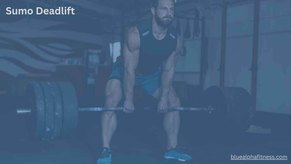 Person performing Sumo Deadlift with wide stance and toes pointed outward, hands gripping the bar inside the knees, back straight, and hips low for optimal back and leg strength.