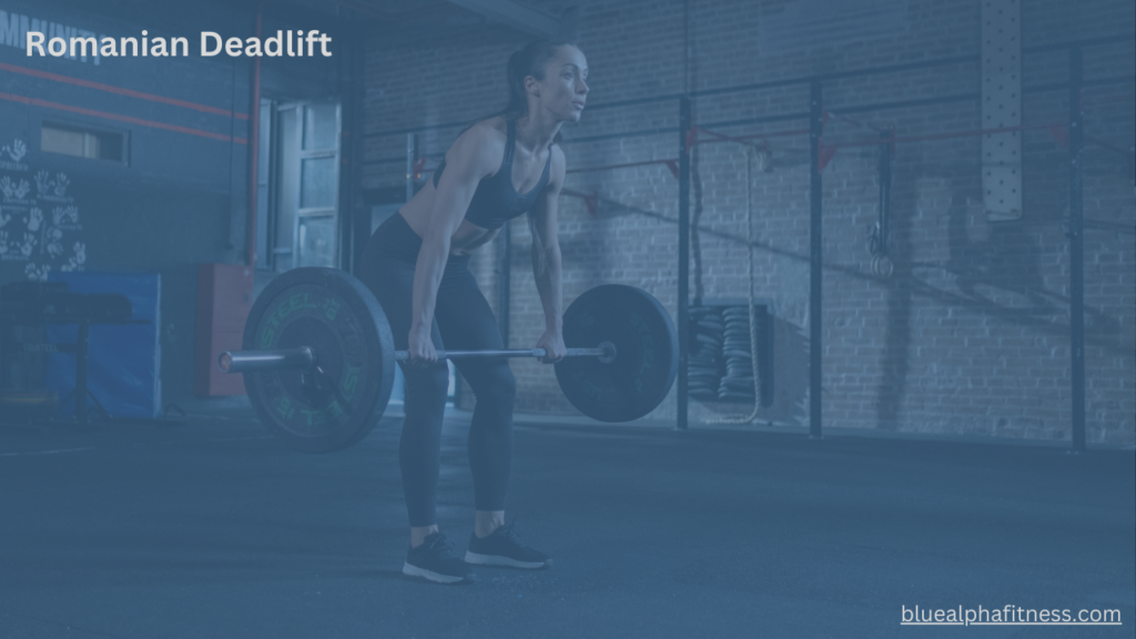 Person performing Romanian Deadlift with slight knee bend, hips hinged back, back straight, and barbell lowered just above the knees, emphasizing hamstring and lower back engagement.