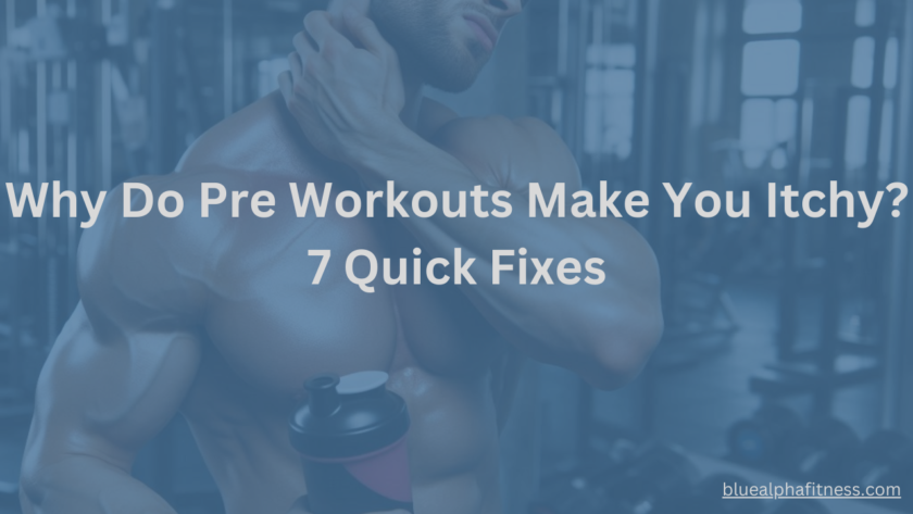 A shirtless bodybuilder in a gym holds a pre-workout supplement, scratching his neck—highlighting why do pre-workouts make you itchy.